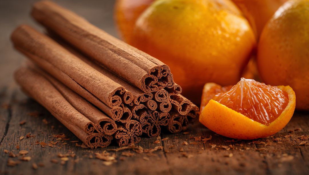 Stacking cinnamon sticks exposing bark with peeled tangerine wedge on rustic wood