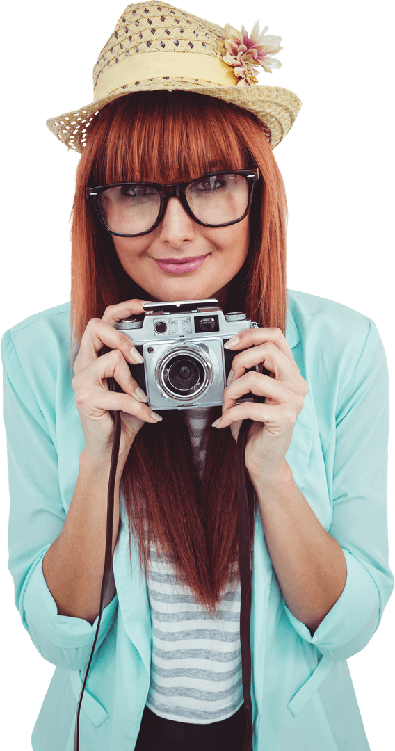 Fashionable Hipster Woman with Retro Camera on Transparent Background