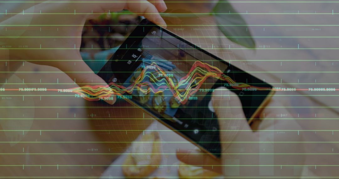 Hands Capturing Photo with Smartphone and Digital Data Overlay