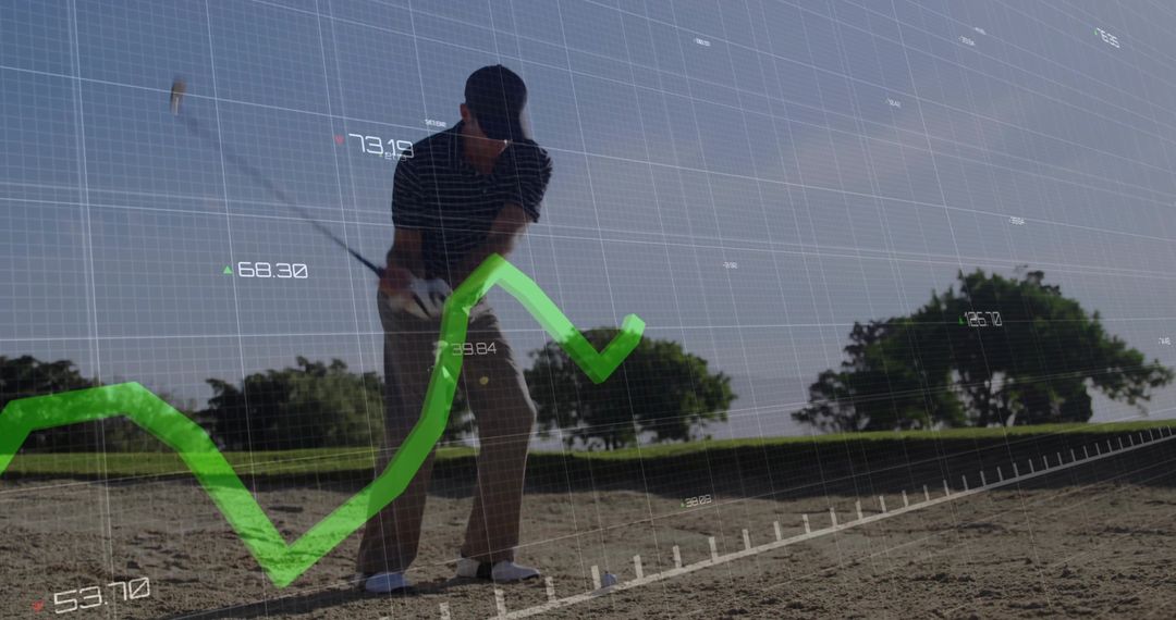 Golfer Analyzing Swing with Data Insights Overlay on Course