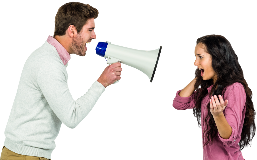 Man Shouting Through Transparent Megaphone at Woman Covering Ears - Download Free Stock Images Pikwizard.com