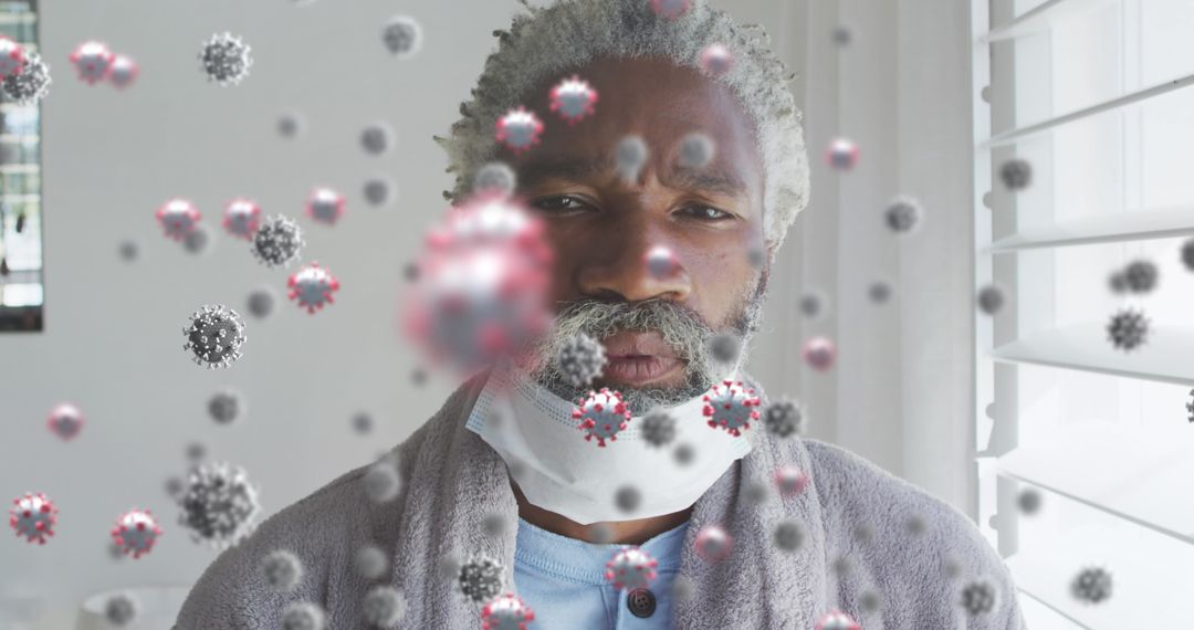Man Wearing Mask With Floating Virus Illustrations