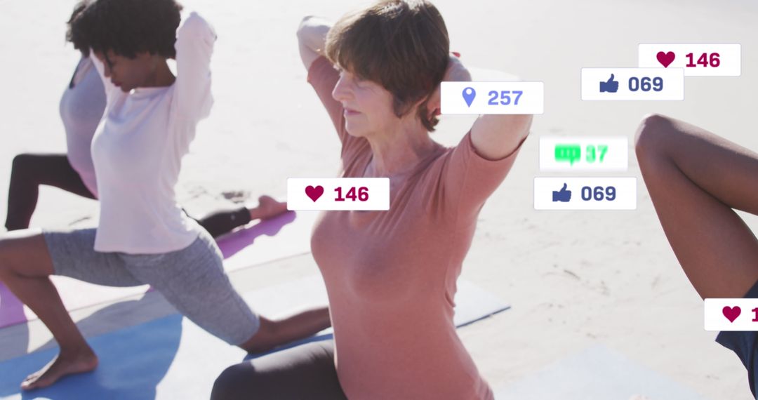 Diverse Women Exercising with Social Media Metrics Overlay