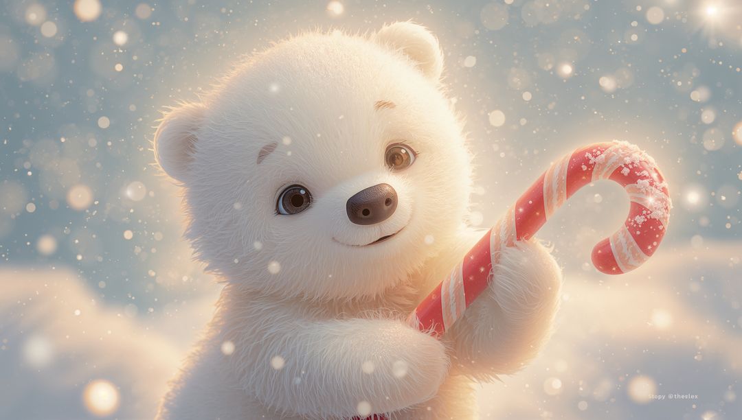 Smiling Polar Bear Cub Holding Candy Cane in Snowy Glow with Bokeh Lights