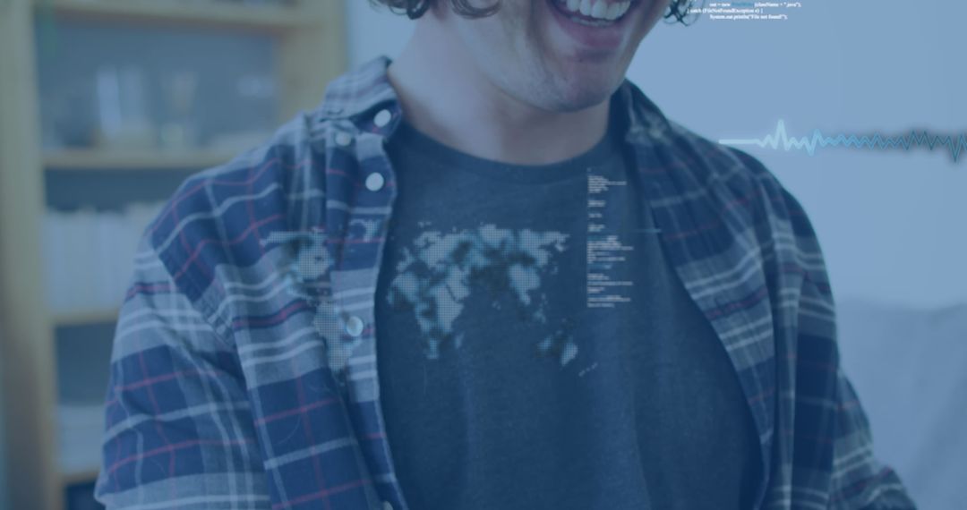 Smiling Man with Smartphone and Digital Data Overlay