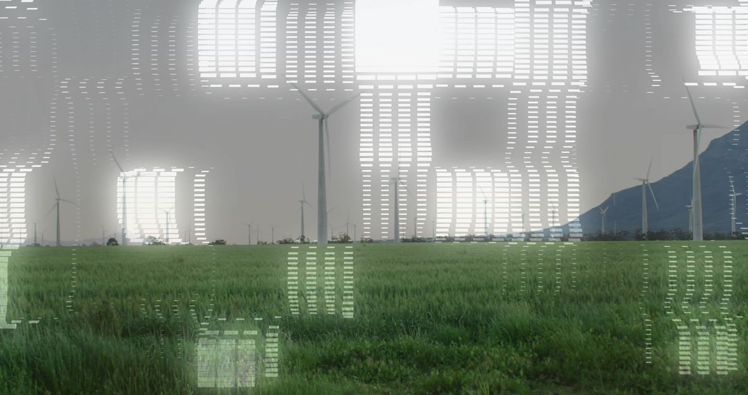 Wind Turbines Amidst Digital Glitch on Green Field