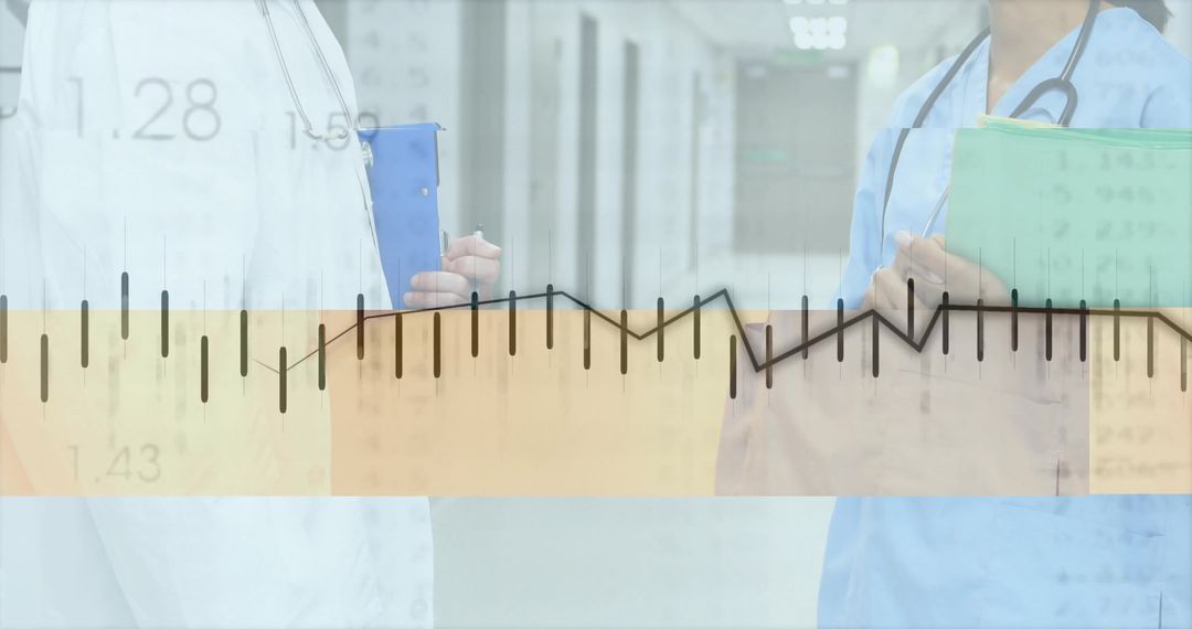 Medics Analyzing Charts and Data Overlay in Hospital Corridor