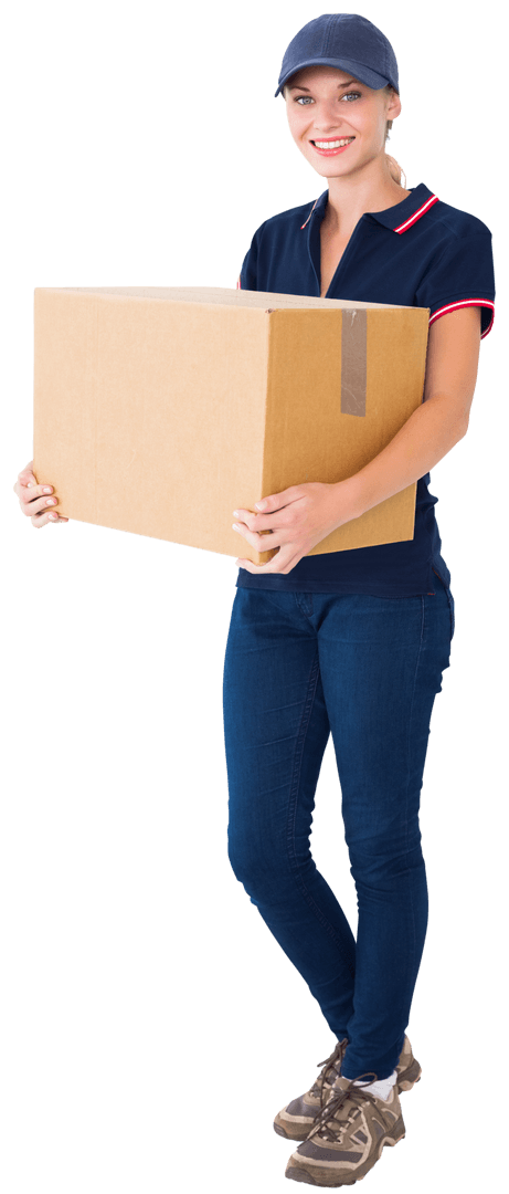 Smiling Delivery Woman Holding Cardboard Box Transparent Background