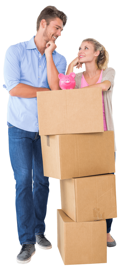 Happy Couple Planning Budget with Transparent Boxes and Piggy Bank