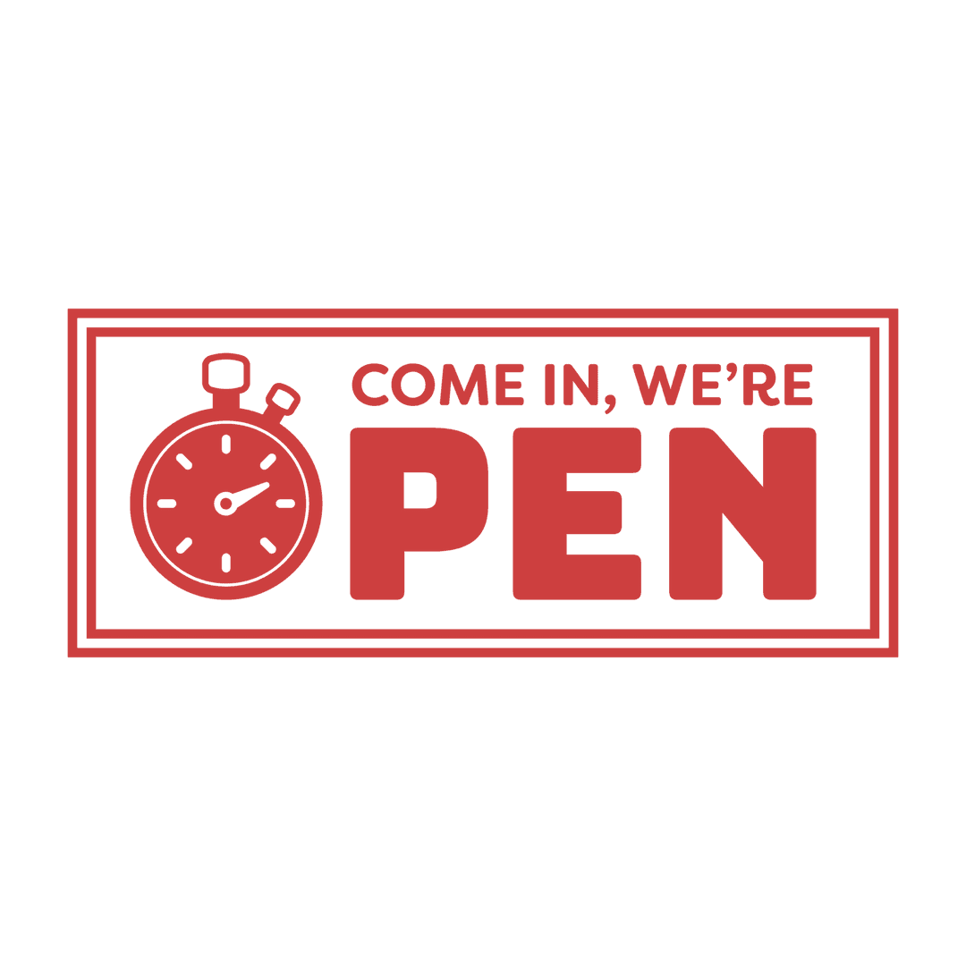 Transparent 'Come In, We're Open' Sign with Stopwatch Graphic