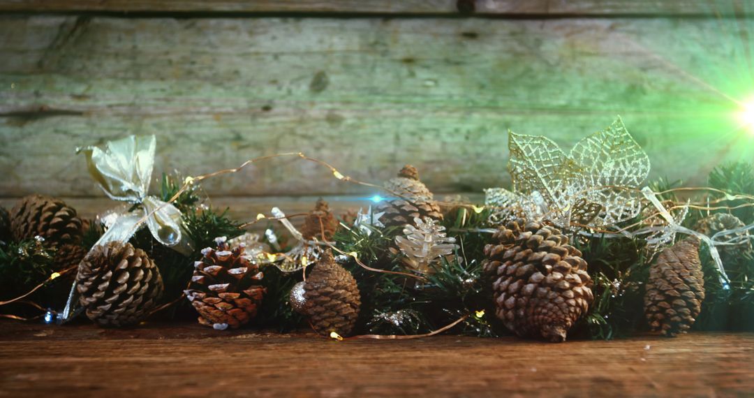 Rustic Christmas Decor with Pine Cones and String Lights