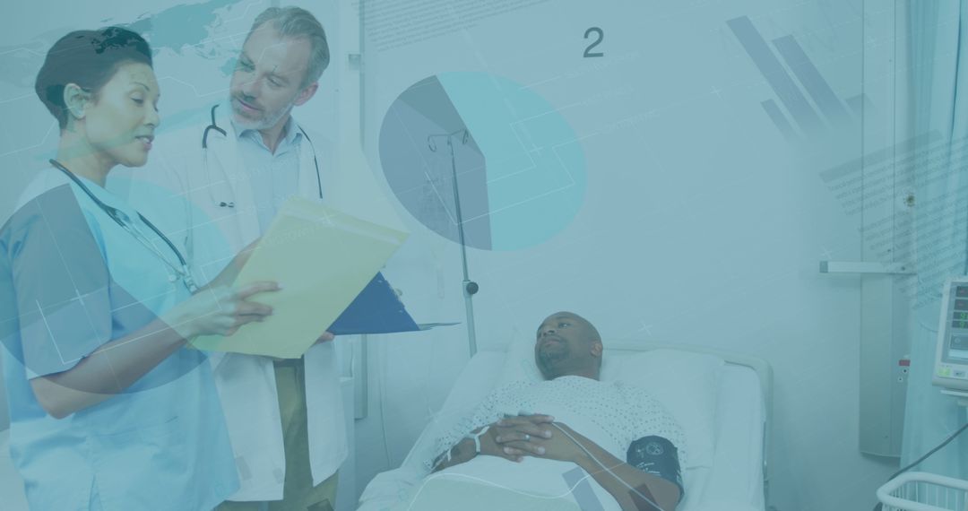 Diverse Doctors Analyzing Patient Data in Futuristic Setting