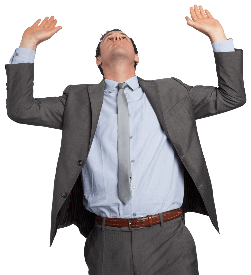 Caucasian Businessman Raising Hands on Transparent Background