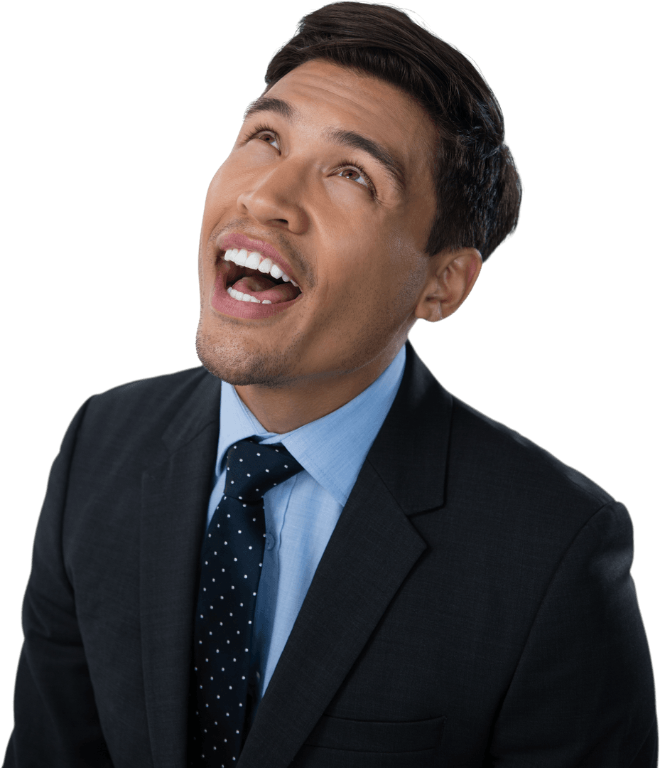 Excited Businessman Gazing Upwards on Transparent Background