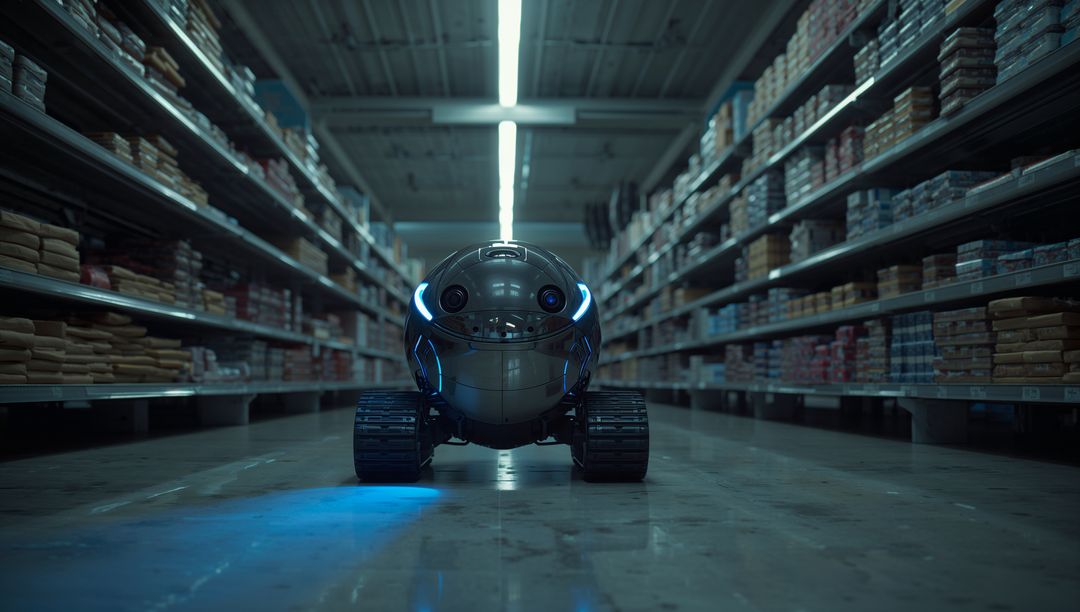 Futuristic Spherical Robot in Dark Warehouse Aisle