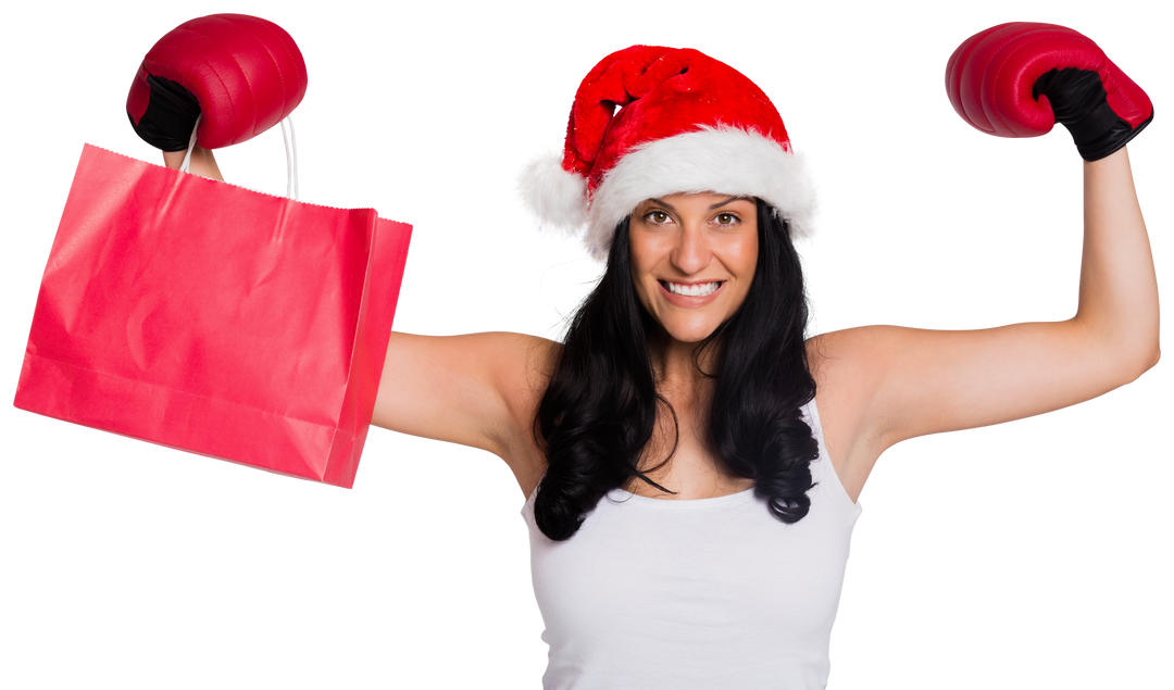 Festive Woman in Boxing Gloves Holding Shopping Bag on Transparent Background - Download Free Stock Images Pikwizard.com