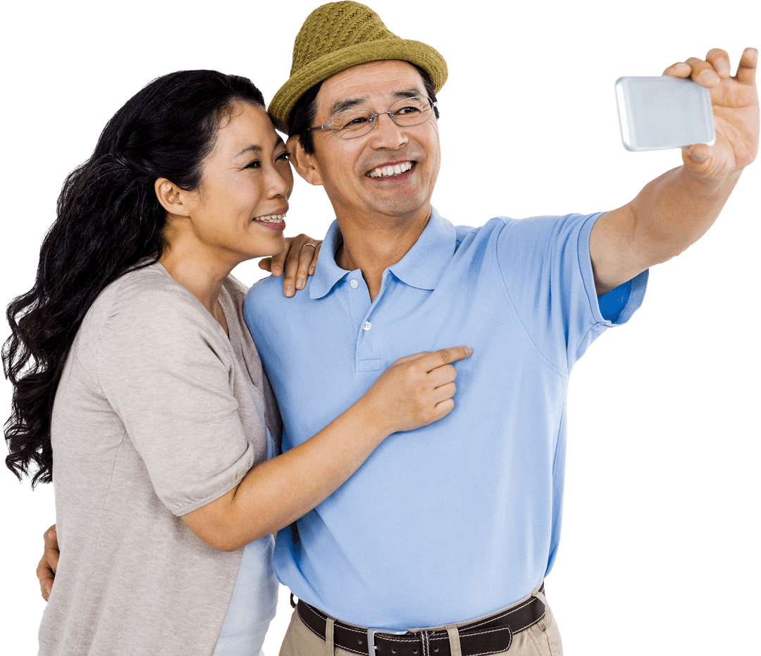 Happy Couple Taking Selfie with Smartphone in Transparent Background