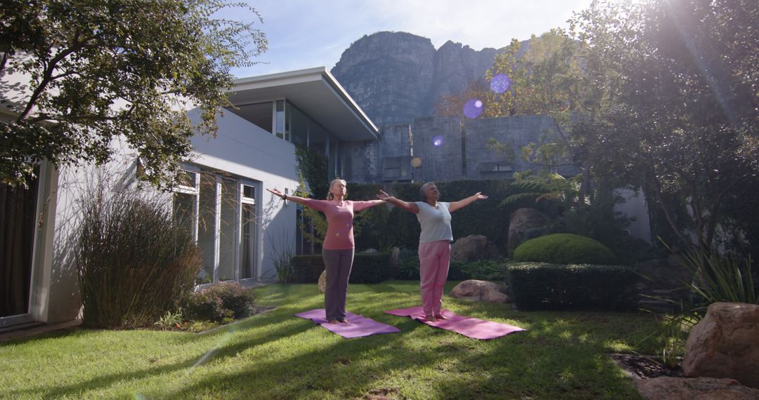 Yoga in Serene Backyard with Mountain Backdrop