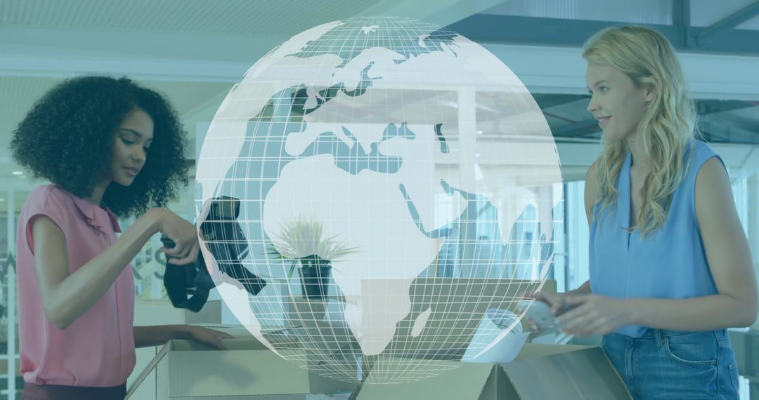 Women Sorting Boxes and Testing Headphones in Office