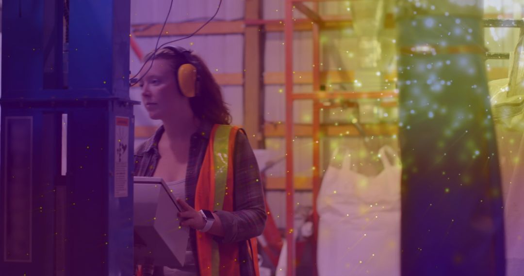 Female Factory Worker Amidst Colorful Lights on Labor Day