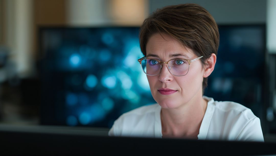 Focused Woman in Minimalist Office With Blue Bokeh Display