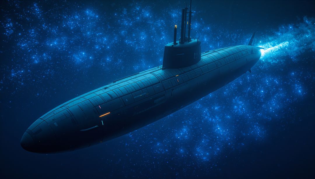 Futuristic Submarine Spaceship Gliding Through Cosmic Nebula with Glowing Aft Plume