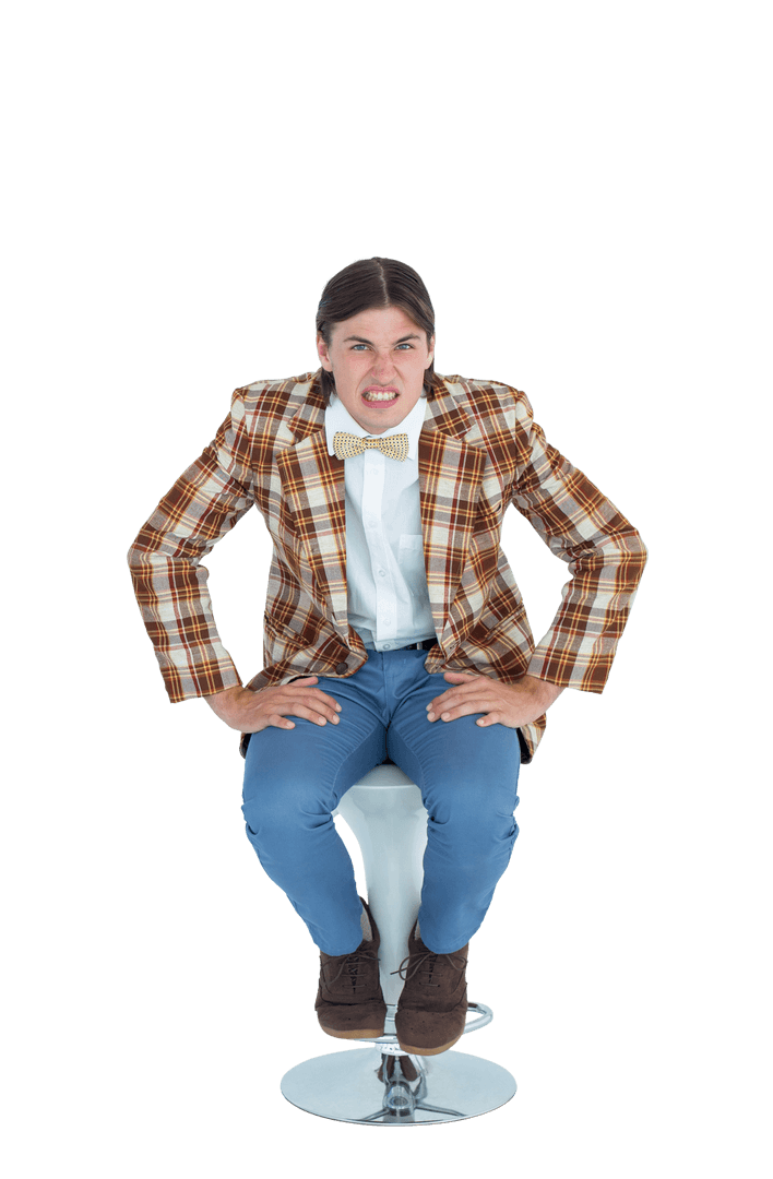 Transparent Background of Angry Man Sitting on Stool