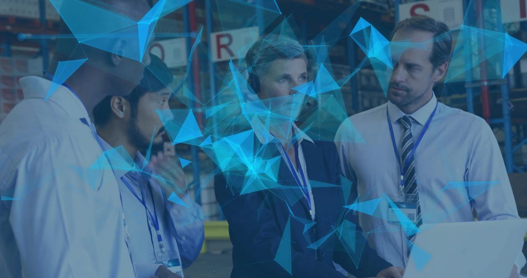 Logistics Professionals Collaborating with Digital Network in Warehouse