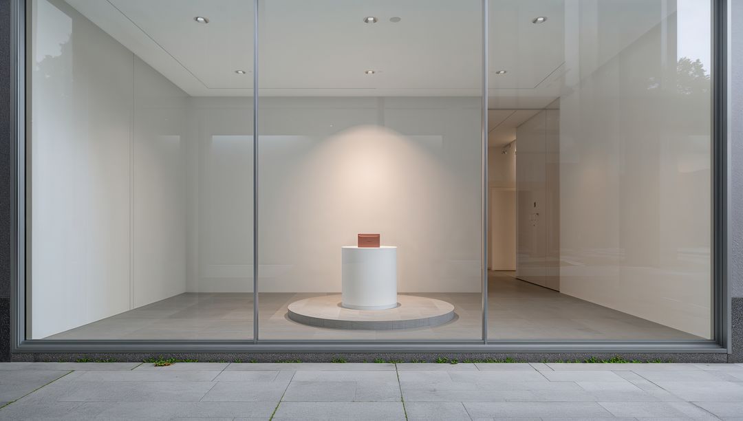 Minimalist storefront gallery showcasing single brown box on illuminated white pedestal