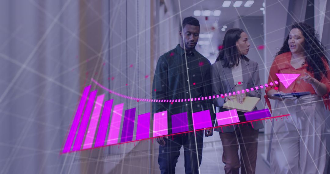 Diverse Team Analyzing Falling Graph in Modern Office Corridor