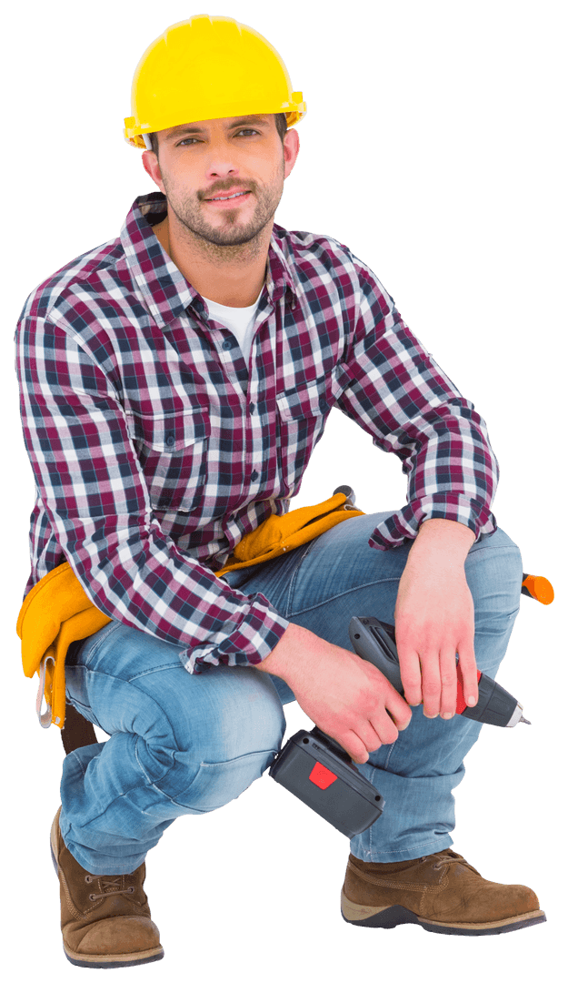 Transparent Crouching Handyman Holding Power Drill