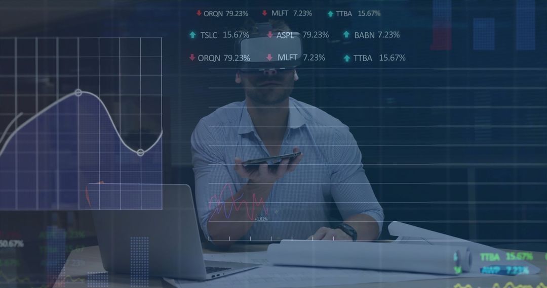 Businessman Analyzing Financial Data with VR Technology in Office