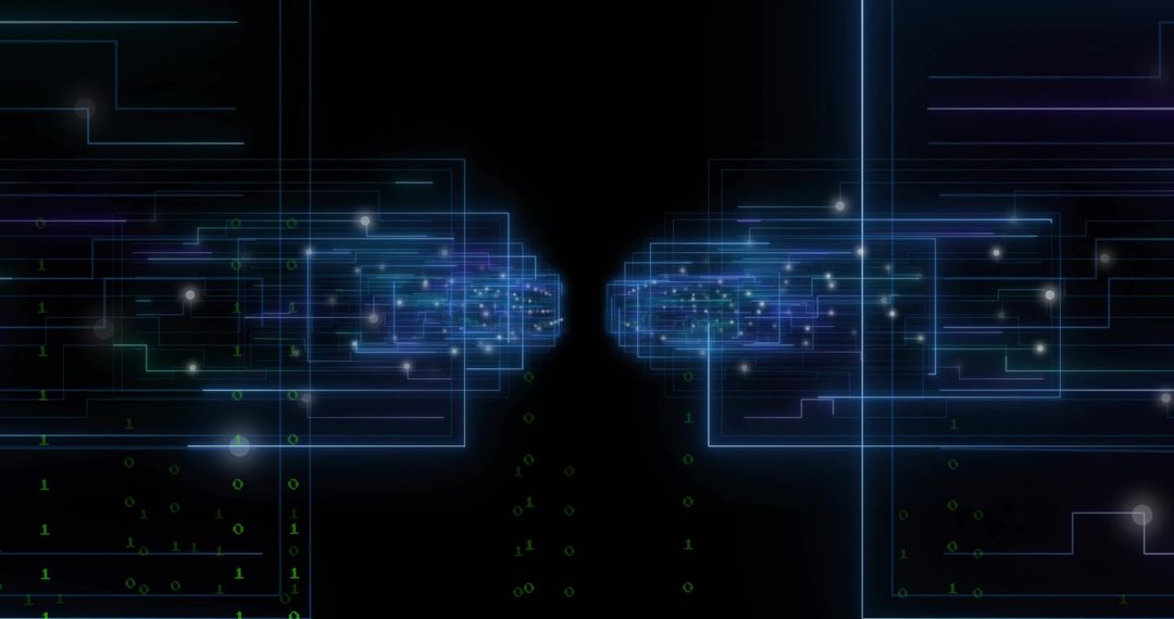 Mirrored Neon Data Corridor Converging Frames with Falling Binary Stream in Cyberspace