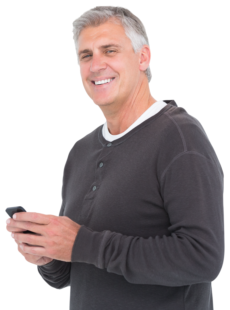 Smiling Mature Man Holding Smartphone on Light Transparent Background - Download Free Stock Images Pikwizard.com