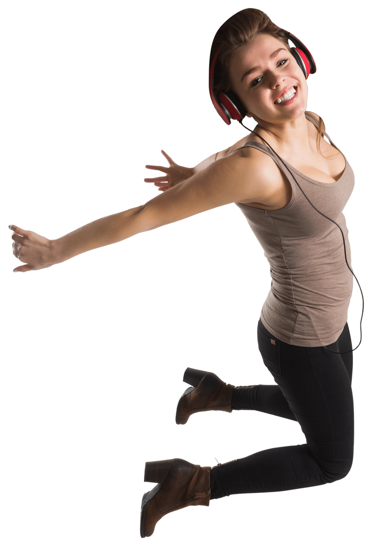 Cheerful Woman Jumping While Enjoying Music With Headphones Transparent Background