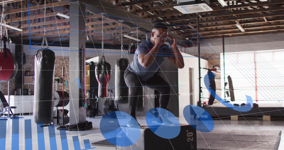 Man Squatting with Fitness Data Overlay in Industrial Gym