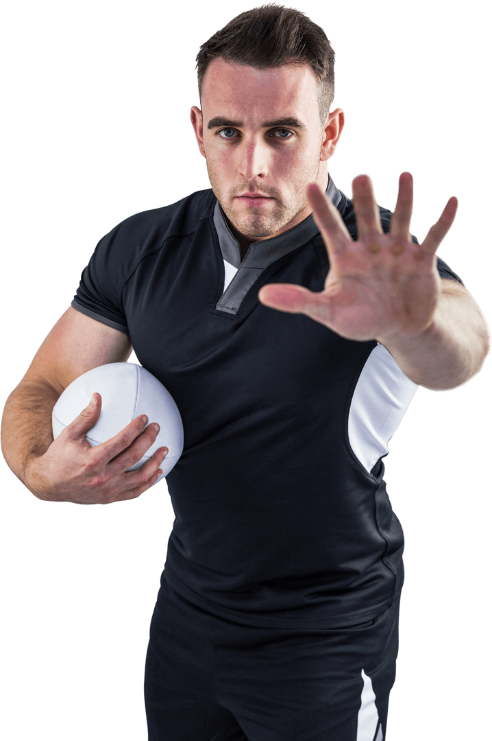 Determined Rugby Player Holding Ball Making Stop Gesture