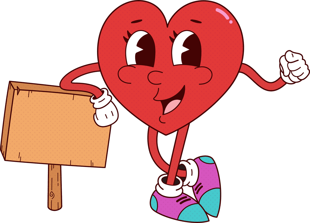 Cartoon Heart with Blank Sign on Transparent Background