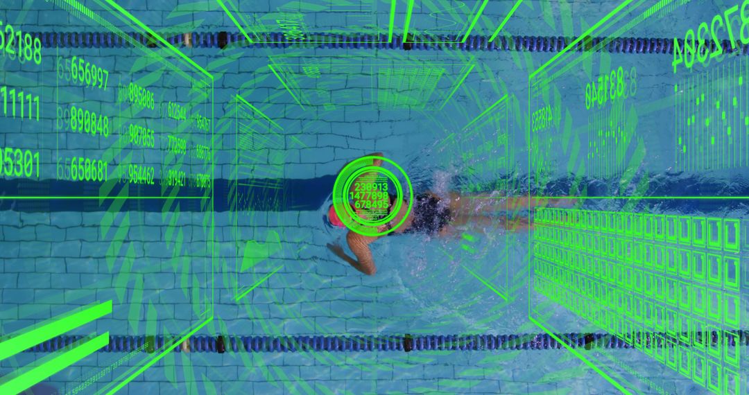 Top-Down Swimmer Wearing Red Cap Performing Front Crawl with Real-Time Data Overlay
