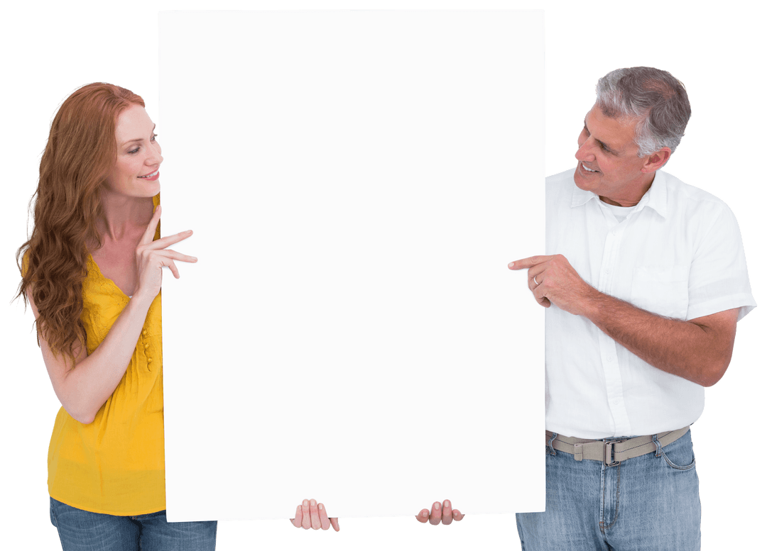 Transparent Blank Poster Held by Casual Smiling Couple