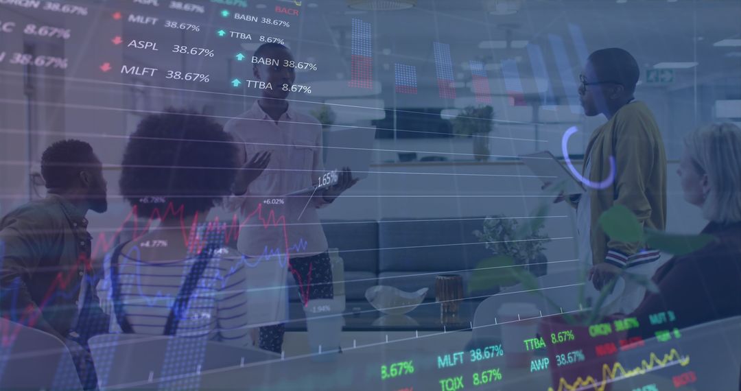 Stock Market Data Overlay with Team Meeting in Modern Office