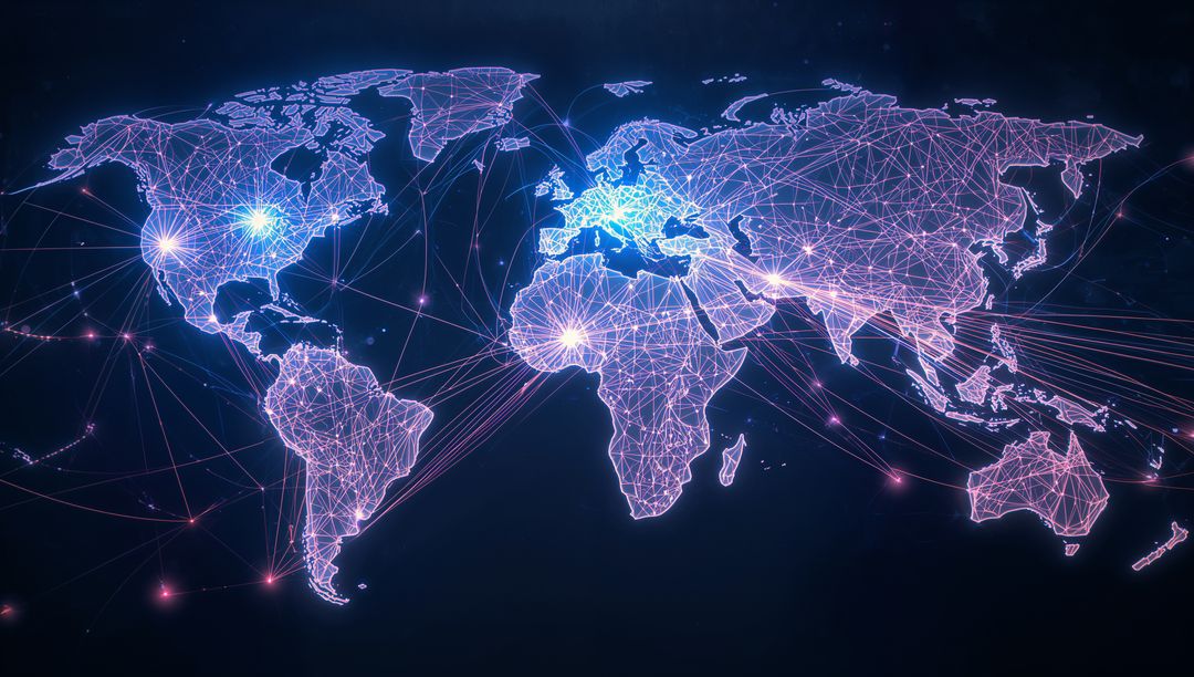 Futuristic Global Connectivity Map with Neon Digital Network