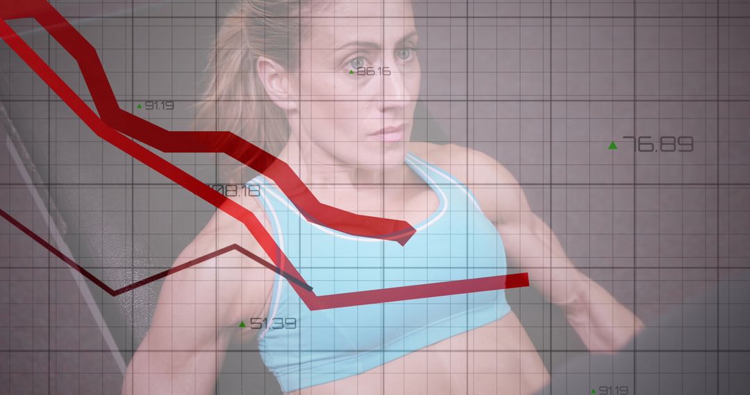 Woman Combining Fitness with Business Challenges: Financial Graph Overlay
