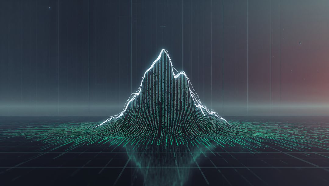 Streaming Data Mountain Rising on Reflective Grid with Neon Contour and Holographic Glow