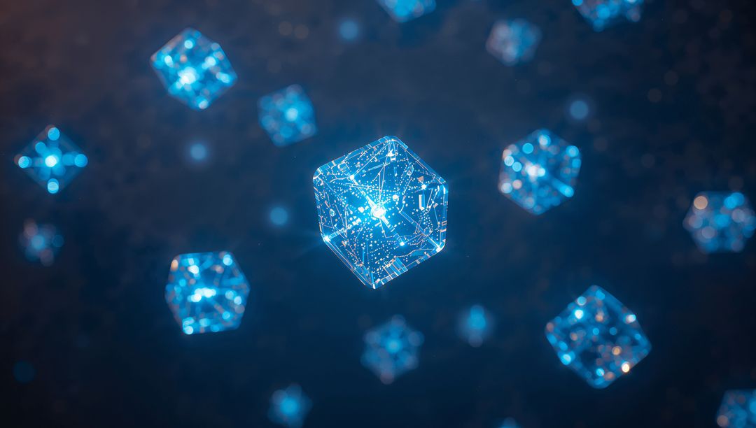 Glowing Blue Cubes with Circuit Patterns in Virtual Space