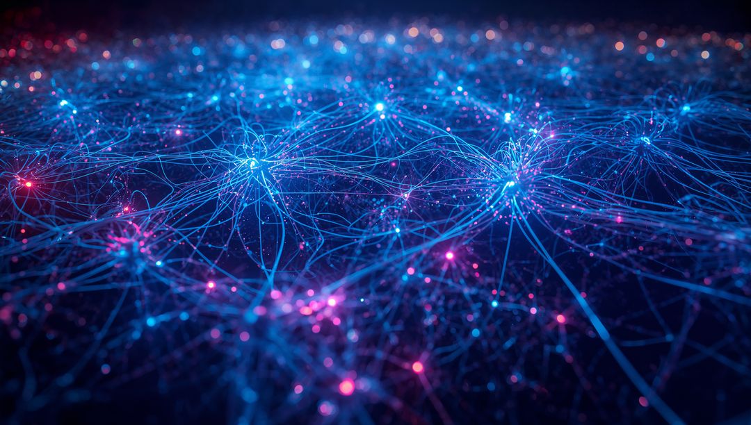 Futuristic Data Network with Glowing Nodes and Filaments