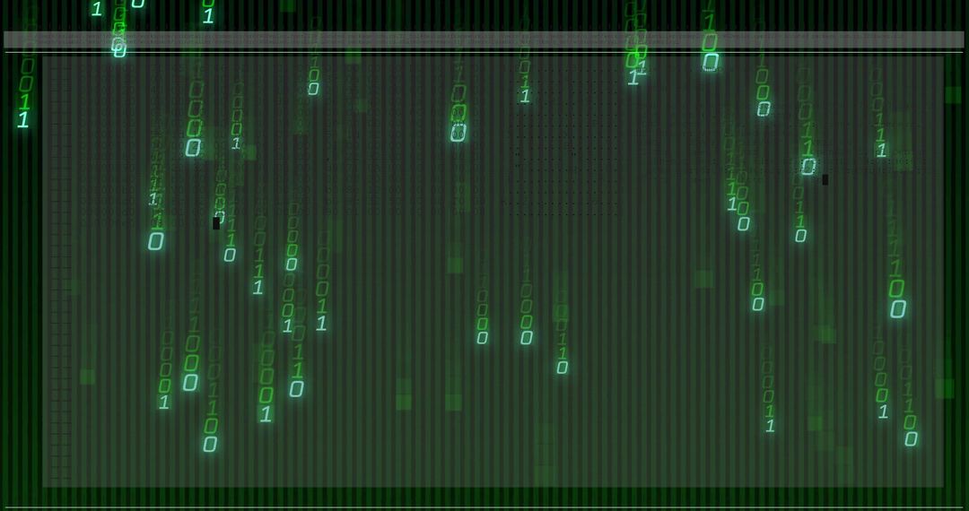 Glowing Green Binary Code Cascading on Dark Grid