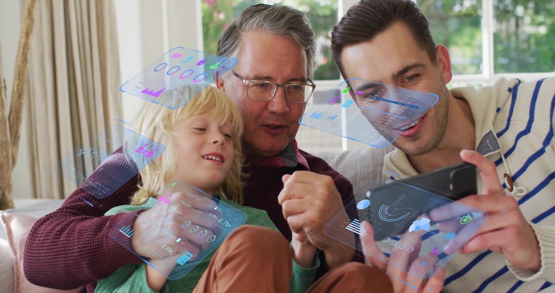 Multigenerational family interacting with holographic mobile interface on living room couch