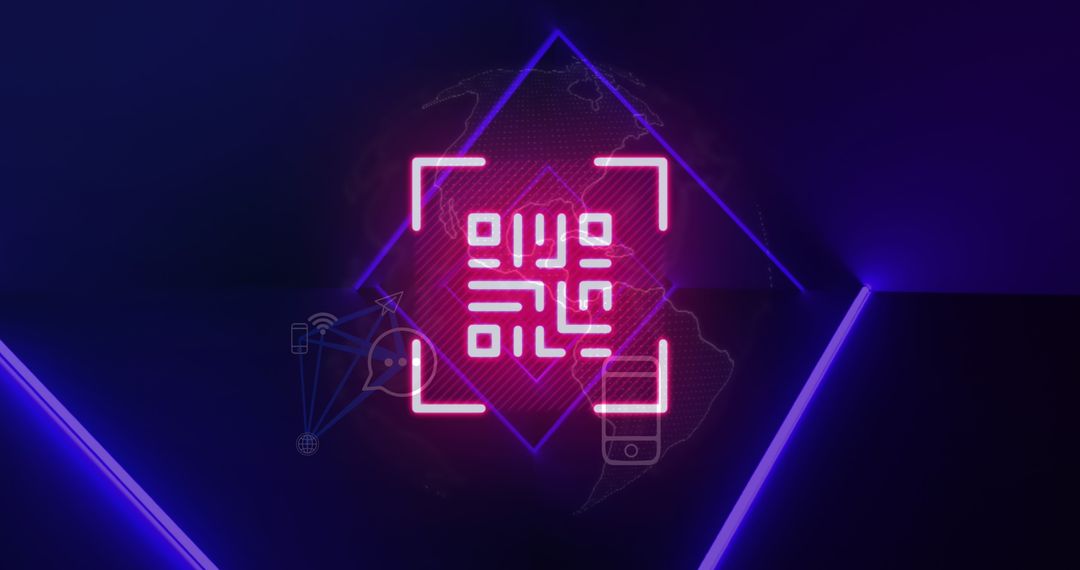 Neon QR Code and Digital Network Icons on Dark Background