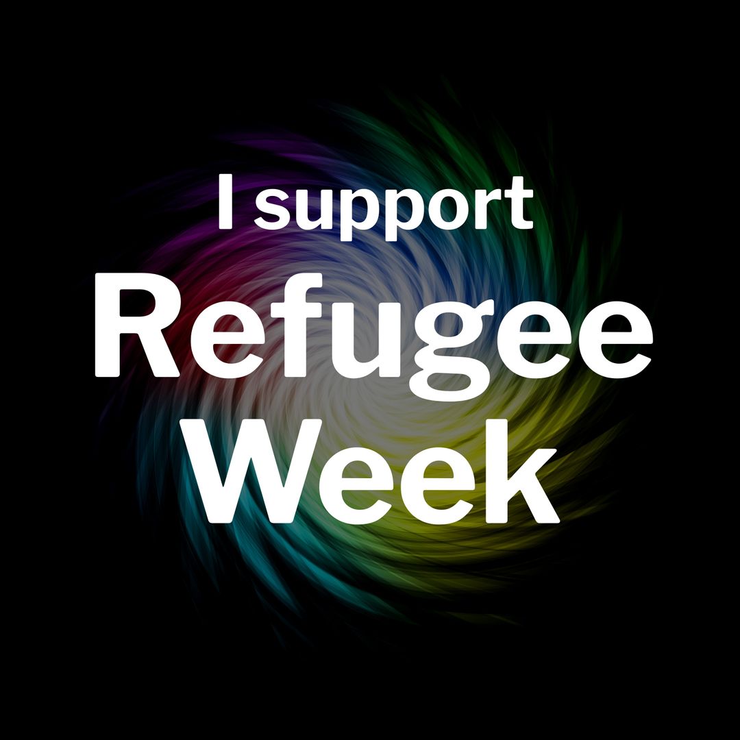 I Support Refugee Week Text on Colorful Spiral Design